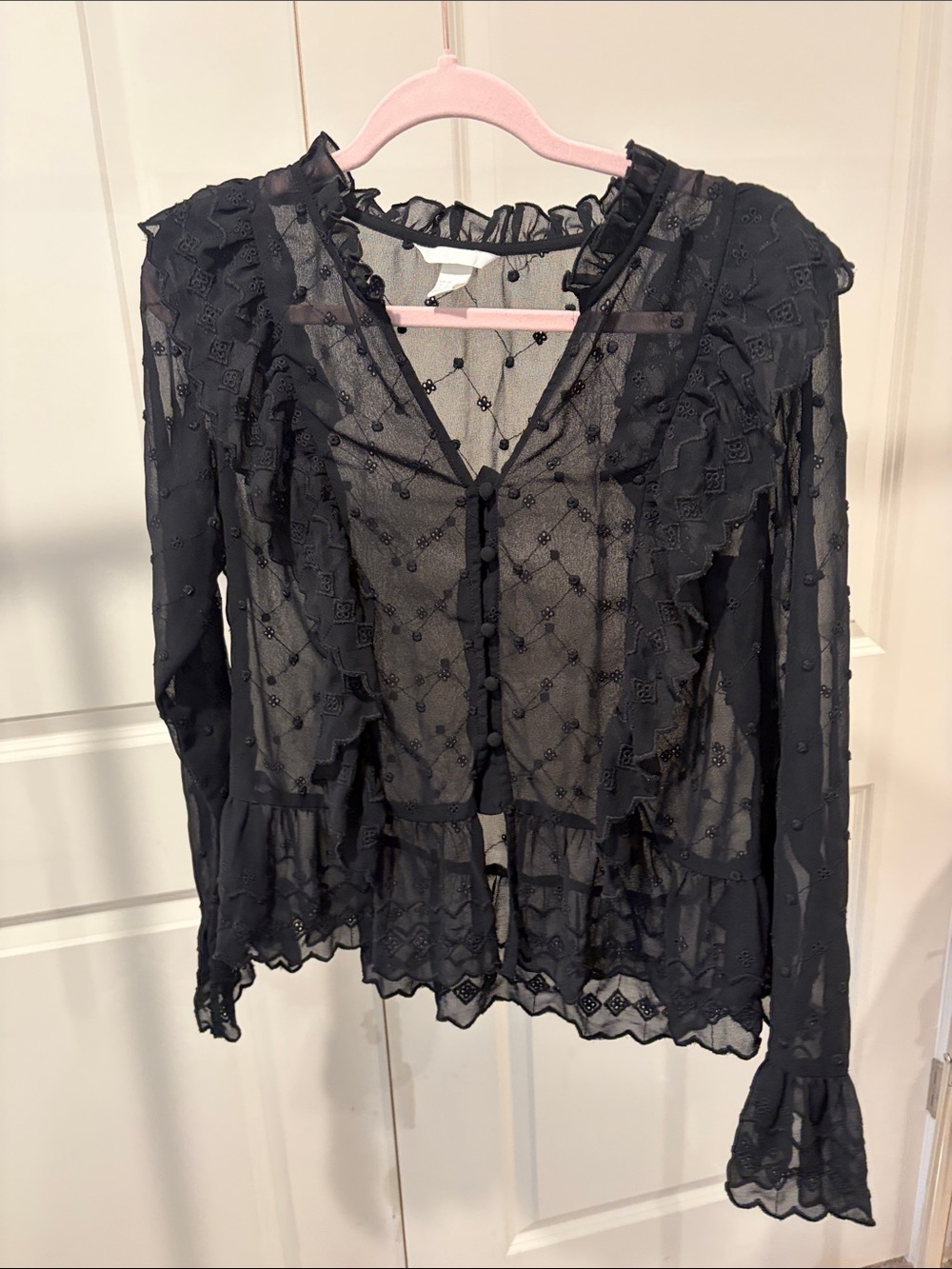 H&M Black Sheer Ruffle-Trim Button Blouse